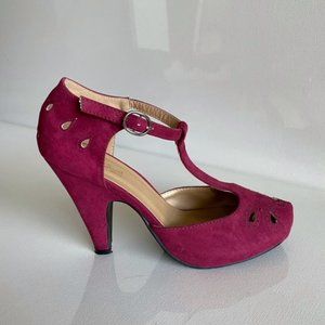 T.U.K. Burgundy  T-Strap Tapered Heels, size 6.5